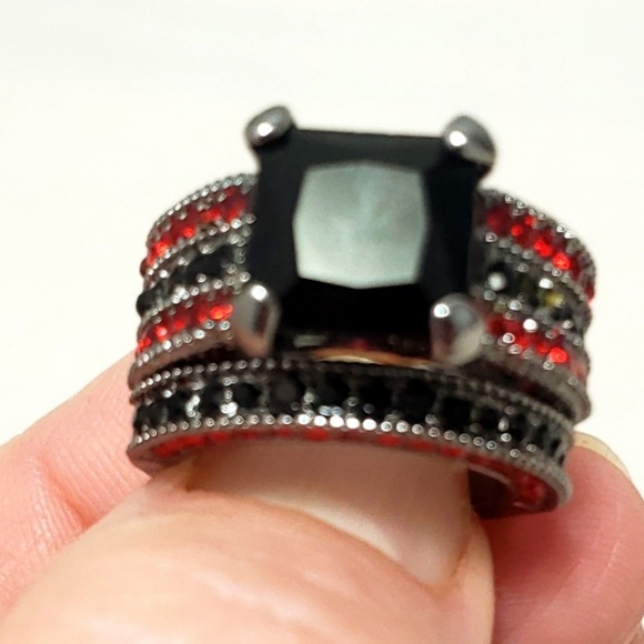 Black Sapphire Ruby Princess Cut Wedding Ring 6 - Picture 2 of 4
